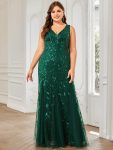 Plus Size Double V-Neck Fishtail Sequin Formal Maxi Evening Dress – Dark Green