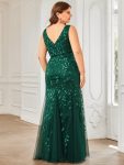 Plus Size Double V-Neck Fishtail Sequin Formal Maxi Evening Dress – Dark Green