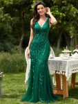 Women’s Double V-Neck Fishtail Sequin Evening Dress – Dark Green