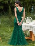 Women’s Double V-Neck Fishtail Sequin Evening Dress – Dark Green