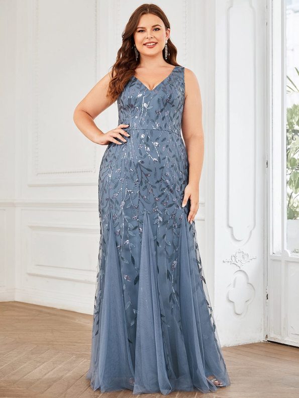 Plus Size Double V-Neck Fishtail Sequin Formal Maxi Evening Dress - Dusty Navy