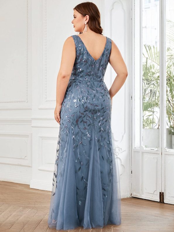 Plus Size Double V-Neck Fishtail Sequin Formal Maxi Evening Dress - Dusty Navy