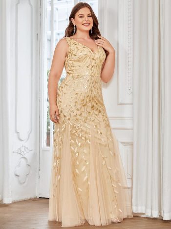 Women's Double V-Neck Fishtail Sequin Evening Dress - Gold