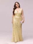 Plus Size Double V-Neck Fishtail Sequin Formal Maxi Evening Dress – Gold