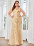 Plus Size Double V-Neck Fishtail Sequin Formal Maxi Evening Dress – Gold