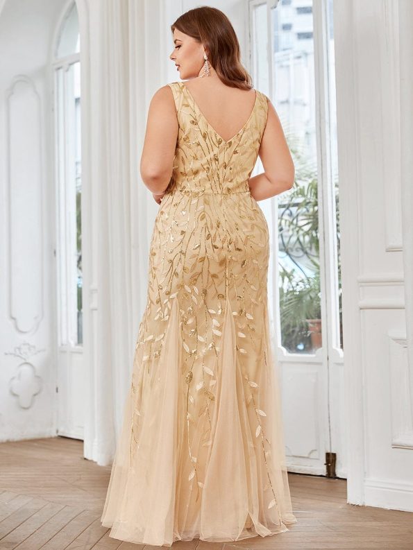 Women's Double V-Neck Fishtail Sequin Evening Dress - Gold