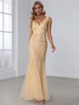 Women’s Double V-Neck Fishtail Sequin Evening Dress – Gold