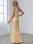 Women’s Double V-Neck Fishtail Sequin Evening Dress – Gold