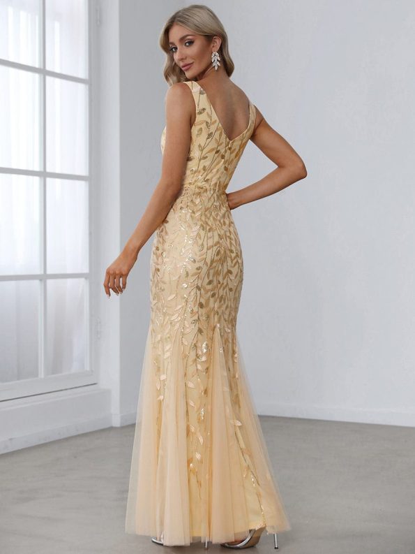 Women's Double V-Neck Fishtail Sequin Evening Dress - Gold