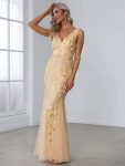 Women’s Double V-Neck Fishtail Sequin Evening Dress – Gold