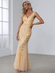 Women’s Double V-Neck Fishtail Sequin Evening Dress – Gold