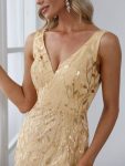 Women’s Double V-Neck Fishtail Sequin Evening Dress – Gold