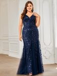 Plus Size Double V-Neck Fishtail Sequin Formal Maxi Evening Dress – Navy Blue