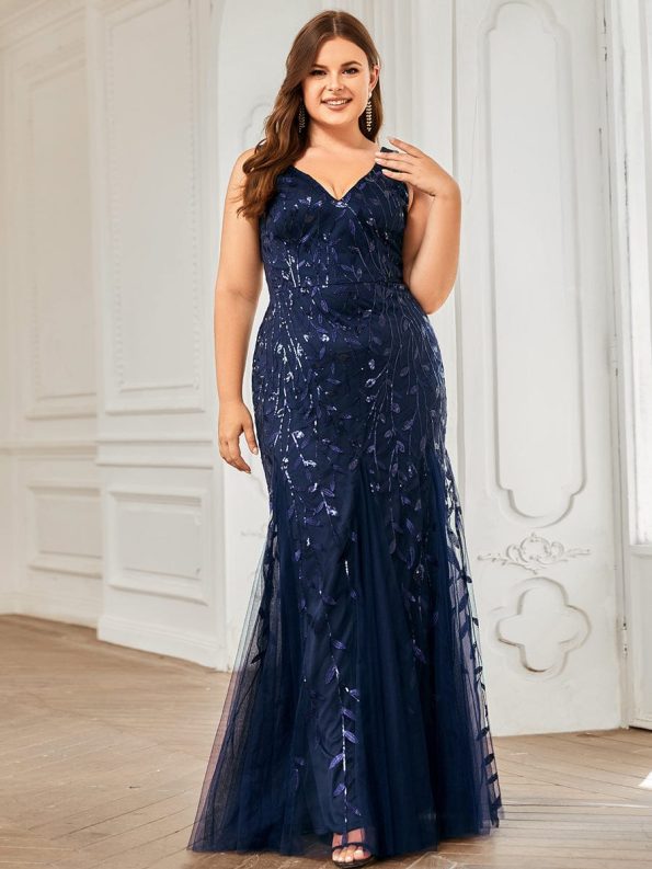 Plus Size Double V-Neck Fishtail Sequin Formal Maxi Evening Dress - Navy Blue