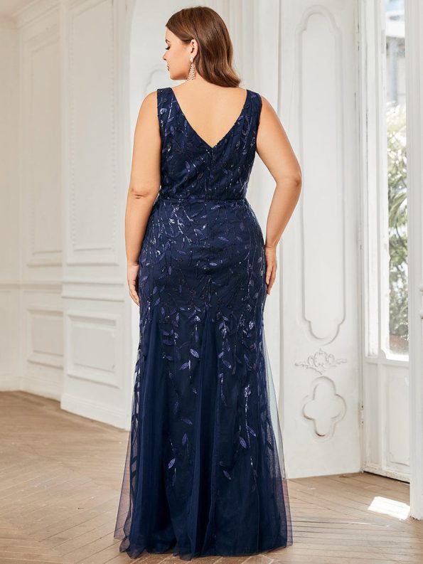 Plus Size Double V-Neck Fishtail Sequin Formal Maxi Evening Dress - Navy Blue