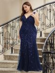 Plus Size Double V-Neck Fishtail Sequin Formal Maxi Evening Dress – Navy Blue