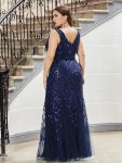 Plus Size Double V-Neck Fishtail Sequin Formal Maxi Evening Dress – Navy Blue