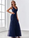 Women’s Double V-Neck Fishtail Sequin Evening Dress – Navy Blue