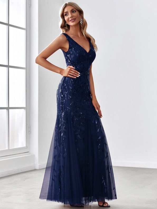 Women's Double V-Neck Fishtail Sequin Evening Dress - Navy Blue