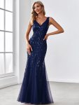 Women’s Double V-Neck Fishtail Sequin Evening Dress – Navy Blue