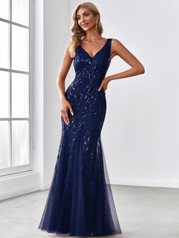 Women's Double V-Neck Fishtail Sequin Evening Dress - Navy Blue