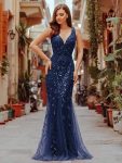 Women’s Double V-Neck Fishtail Sequin Evening Dress – Navy Blue