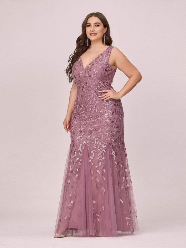 Women's Double V-Neck Fishtail Sequin Evening Dress - Purple Orchid