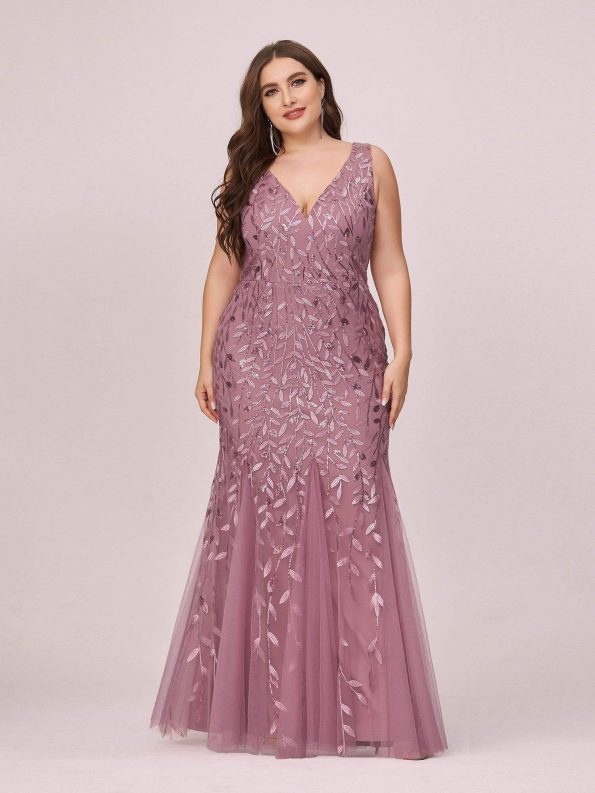 Women's Double V-Neck Fishtail Sequin Evening Dress - Purple Orchid