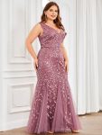 Plus Size Double V-Neck Fishtail Sequin Formal Maxi Evening Dress – Purple Orchid