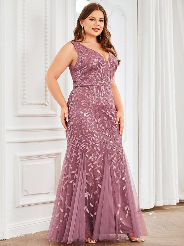 Plus Size Double V-Neck Fishtail Sequin Formal Maxi Evening Dress - Purple Orchid