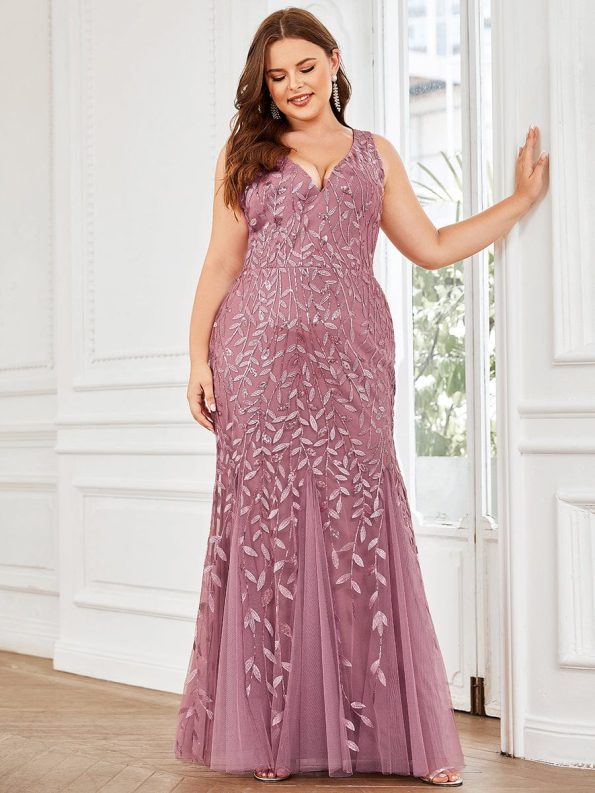 Plus Size Double V-Neck Fishtail Sequin Formal Maxi Evening Dress - Purple Orchid