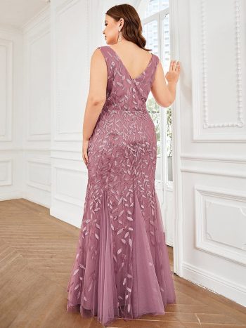 Plus Size Double V-Neck Fishtail Sequin Formal Maxi Evening Dress - Purple Orchid