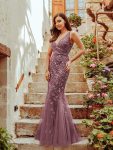 Women’s Double V-Neck Fishtail Sequin Evening Dress – Purple Orchid