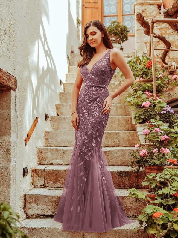 Women's Double V-Neck Fishtail Sequin Evening Dress - Purple Orchid