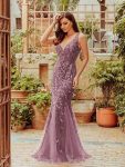 Women’s Double V-Neck Fishtail Sequin Evening Dress – Purple Orchid