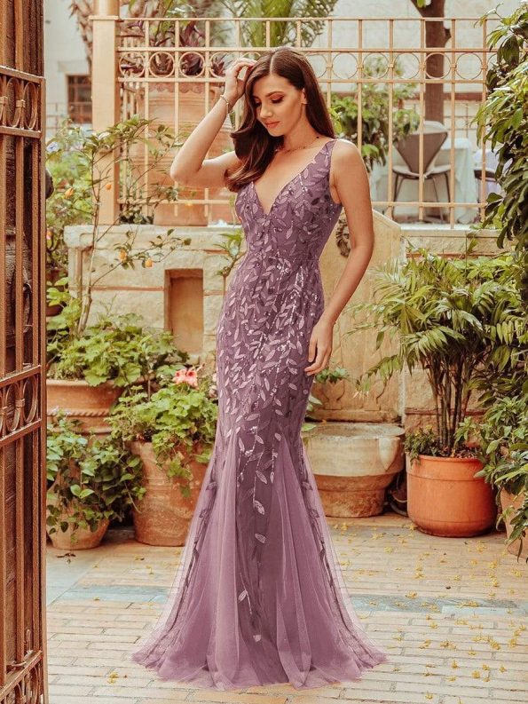 Women's Double V-Neck Fishtail Sequin Evening Dress - Purple Orchid