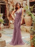 Women’s Double V-Neck Fishtail Sequin Evening Dress – Purple Orchid