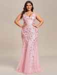 Plus Size Double V-Neck Fishtail Sequin Formal Maxi Evening Dress – Pink