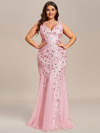 Plus Size Double V-Neck Fishtail Sequin Formal Maxi Evening Dress - Pink