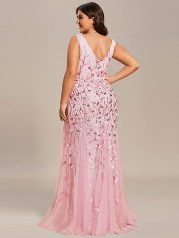 Plus Size Double V-Neck Fishtail Sequin Formal Maxi Evening Dress - Pink