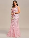 Plus Size Double V-Neck Fishtail Sequin Formal Maxi Evening Dress – Pink