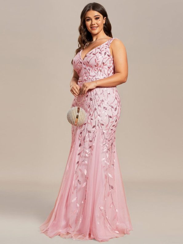 Plus Size Double V-Neck Fishtail Sequin Formal Maxi Evening Dress - Pink