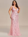 Plus Size Double V-Neck Fishtail Sequin Formal Maxi Evening Dress – Pink