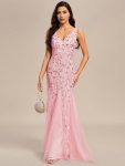 Women’s Double V-Neck Fishtail Sequin Evening Dress – Pink