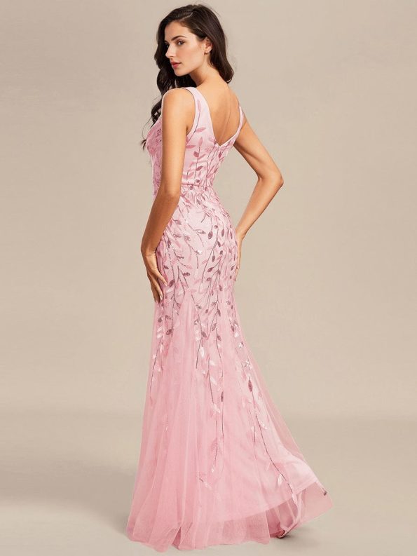 Women's Double V-Neck Fishtail Sequin Evening Dress - Pink