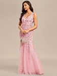 Women’s Double V-Neck Fishtail Sequin Evening Dress – Pink