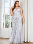 Plus Size Double V-Neck Fishtail Sequin Formal Maxi Evening Dress – Silver