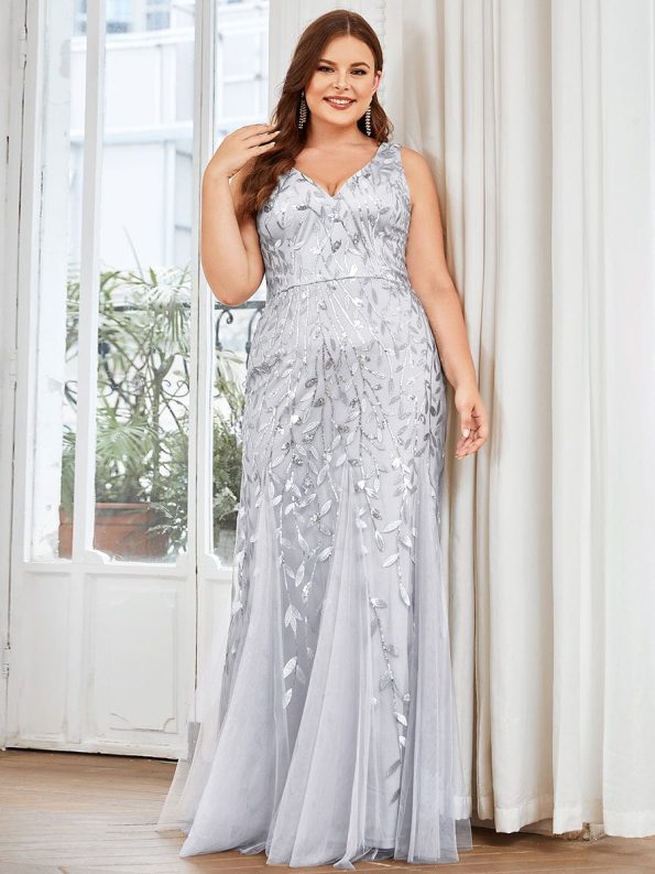 Plus Size Double V-Neck Fishtail Sequin Formal Maxi Evening Dress - Silver