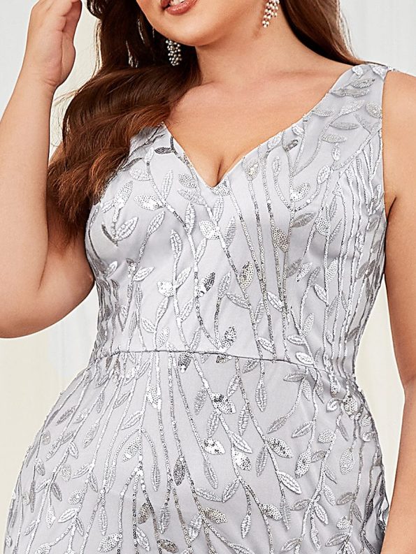 Plus Size Double V-Neck Fishtail Sequin Formal Maxi Evening Dress - Silver