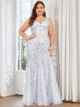 Plus Size Double V-Neck Fishtail Sequin Formal Maxi Evening Dress – Silver